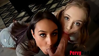 Two Stunning Beauties Join Forces To Seduce A Pervy Daddy In A Taboo Family Sex Scenario